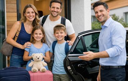 Familie steigt bei Flughafen-Transfer24 in Hannover ein – Tür-zu-Tür-Service